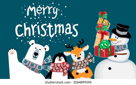 Merry Christmass banner with animals and snowman with gifts.Winter holiday background with bear, penguin and deer drawn in flat cartoon style.Vector illustration with hand written greeting text.
