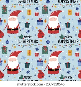 Merry Christmass and Happy New Year seamless pattern with Santa Claus, snowflakes and gifts wrap paper background christmas card greeting.