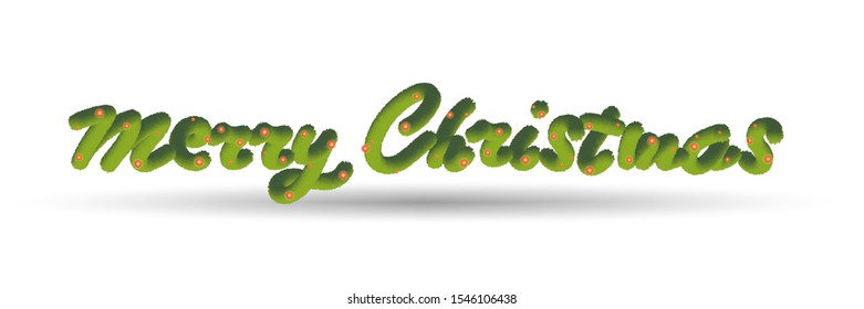 Merry Christmass Lettering. fluffy green letters. Merry Christmas text made from New Year's green tinsel with luminous lights. isolate on white