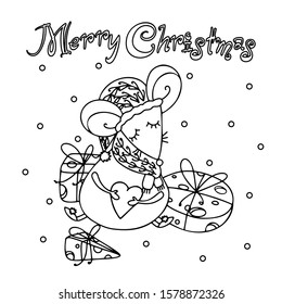 Merry Christmass mouse illustration.Hand drawn vector coloring page .Cute mouse and gift cheese with bows.Snow is falling.Illustration for print.