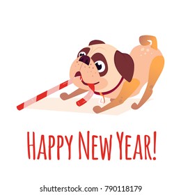 Merry christmass postcard. Happy New Year banner with dog. Cartoon dog with a gift. Vector Puppy character. Design for calendars or postcards or posters or banners or brochures