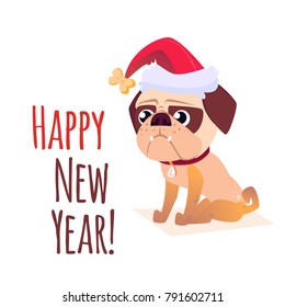 Merry christmass postcard. Happy New Year banner with dog. Cartoon dog with a gift. Vector Puppy character. Design for calendars or postcards or posters or banners or brochures