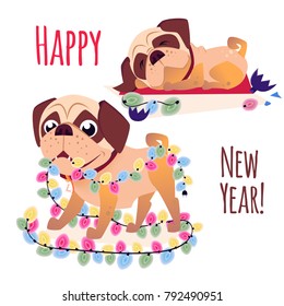 Merry christmass postcard. Happy New Year banner with dog. Cartoon dog with a gift. Vector Puppy character. Design for calendars or postcards or posters or banners or brochures