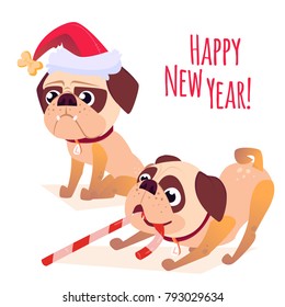 Merry christmass postcard. Happy New Year banner with dog. Cartoon dog with a gift. Vector Puppy character. Design for calendars or postcards or posters or banners or brochures
