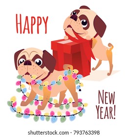 Merry christmass postcard. Happy New Year banner with dog. Cartoon dog with a gift. Vector Puppy character. Design for calendars or postcards or posters or banners or brochures.