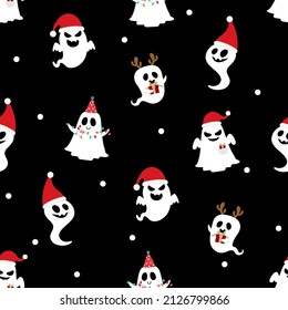 Merry Christmass seamless pattern background with cute ghost and Santa Claus hat. Holidays cartoon character. -Vector