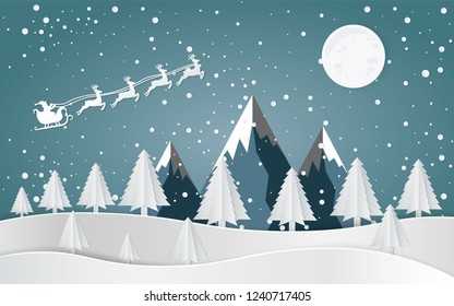 Merry christmas,Santa Claus Driving in a Sledge,Snow forest. pines in winter and mountain Paper vector Illustration