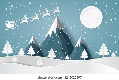 Feliz Navidad, Santa Claus conduciendo en una manga, bosque de nieve. pinos en invierno y en papel de montaña vectores Ilustración