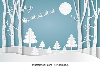 Merry christmas,Santa Claus Driving in a Sledge,Snow forest. pines in winter and mountain Paper vector Illustration