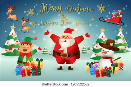 merry christmas.santa claus with friend.cute cartoon santa,elf,deer,and tree.Christmas and New Year with glitter gold texture background.winter landscape with snowflakes, light,vector illustration