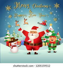 merry christmas.santa claus with friend.cute cartoon santa,elf,deer,and tree.Christmas and New Year with glitter gold texture background.winter landscape with snowflakes, light,vector illustration
