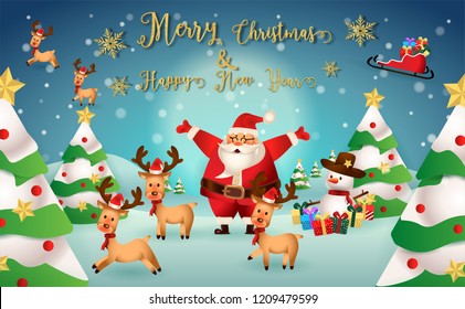 merry christmas.santa claus with friend.cute cartoon santa,elf,deer,and tree.Christmas and New Year with glitter gold texture background.winter landscape with snowflakes, light,vector illustration