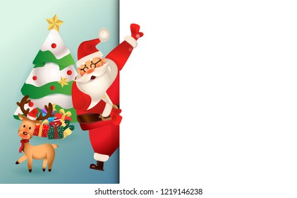 merry christmas.santa claus with friend.cute cartoon santa,elf,deer,and tree.Merry Christmas copyspace for text design background.winter landscape with snowflakes, light,vector illustration