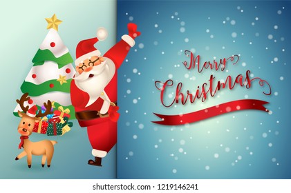 merry christmas.santa claus with friend.cute cartoon santa,elf,deer,and tree.Merry Christmas text and snow background.winter landscape,snowflakes, light,vector illustration