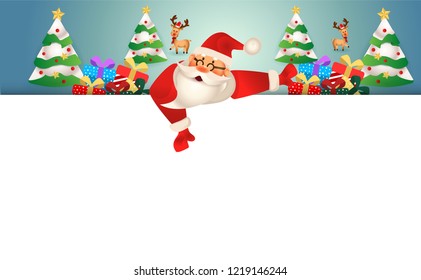merry christmas.santa claus with friend.cute cartoon santa,elf,deer,and tree.Merry Christmas copyspace for text design background.winter landscape with snowflakes, light,vector illustration
