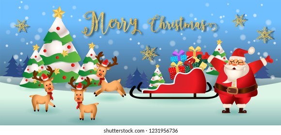 merry christmas.santa claus with friend.cute cartoon santa,elf,deer,and tree.Christmas and New Year with glitter gold texture background.winter landscape with snowflakes, light,vector illustration