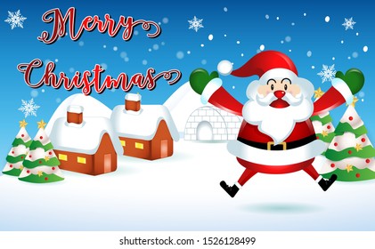 merry christmas.santa claus with friend.cute cartoon santa,deer,and tree.Christmas and New Year background.winter landscape with snowflakes, light,vector illustration