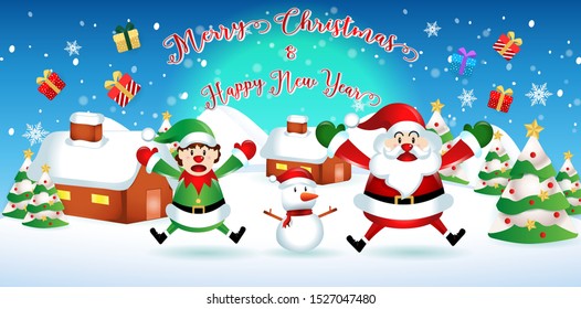 merry christmas.santa claus with friend.cute cartoon santa,deer,and tree.Christmas and New Year background.winter landscape with snowflakes, light,vector illustration