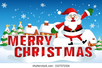 merry christmas.santa claus with friend.cute cartoon santa,deer,and tree.Christmas and New Year background.winter landscape with snowflakes, light,vector illustration