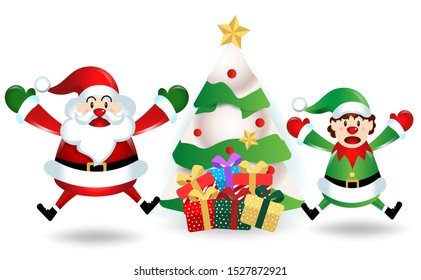 merry christmas.santa claus with friend.cute cartoon santa,deer,and tree.Christmas and New Year background.winter landscape with snowflakes, light,vector illustration