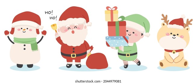Merry Christmas.Santa claus.Elf hold gift box.Greeting snow man.Reindeer sit on white background.Cartoon character design.Image for card,banner.Kid graphic.Kawaii.Winter.Holiday.Vector.Illustration.