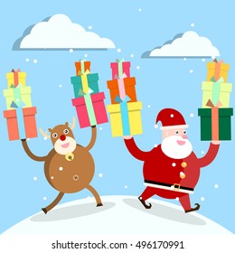 Merry Christmas,Santa Claus and reindeer on a snowy Christmas night and they have gifts in hands.