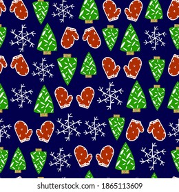 Merry Christmas.Seamless pattern with Christmas trees, snowflakes, mittens, on a blue background.Children's background for fabric, wrapping paper, textiles, Wallpaper and clothing.Vector Illustrations