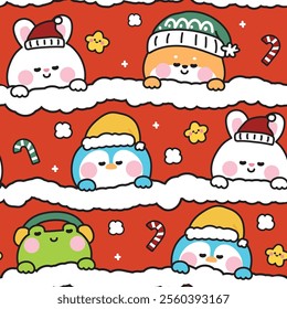 Merry christmas.Seamless pattern of cute animals sleeping with blanket background.Frog,shiba inu dog,rabbit,penguin.Happy new year festival.Winter.Kawaii.Vector.Illustration.