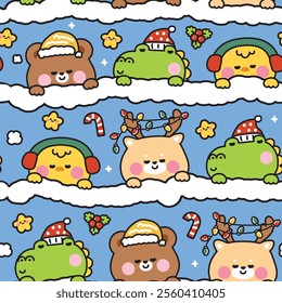 Merry christmas.Seamless pattern of cute animals sleeping with blanket.Chicken,deer,teddy bear,crocodile.Happy new year festival.Winter.Star.Candy.Snow.Kawaii.Vector.Illustration.