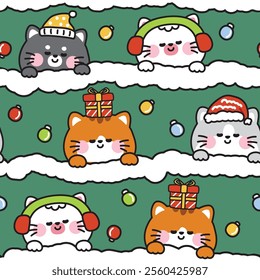 Merry christmas.Seamless pattern of cute cats sleeping with blanket.Pet animal character cartoon.Christmas light.Happy new year festival.Winter.Kawaii.Vector.Illustration.