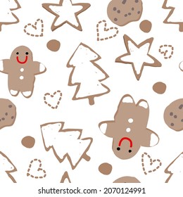Frohe Weihnachten.Nahtlose Muster mit Lebkuchen auf weißem Hintergrund.