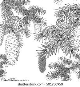 Merry Christmas.Seasonal Vector hand drawn Lettering. Cones and Christmas tree. Botanical hand drawn vector background. Isolated xmas pinecones. Great for greeting cards, backgrounds, holiday decor