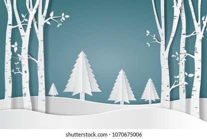 Merry christmas,Snow forest. pines in winter and mountain Paper vector Illustration