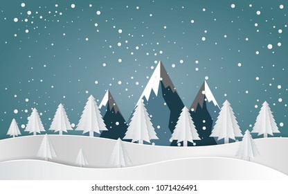 Merry christmas,Snow forest. pines in winter and mountain Paper vector Illustration