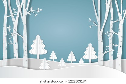 Merry christmas,Snow forest. pines in winter and mountain Paper vector Illustration