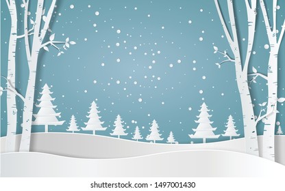 Merry christmas,Snow forest. pines in winter and mountain Paper vector Illustration