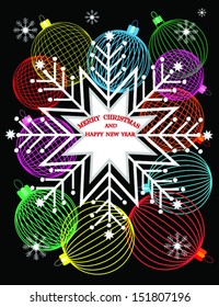merry christmas,snowflakes and xmas balls on the black background,christmas greeting card.