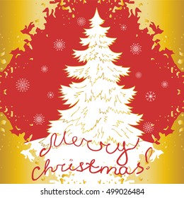 Merry Christmas!Snowy Fir tree and snowflakes in Golden Frame. Perfect for Your Festive Design. Vector Illustration.