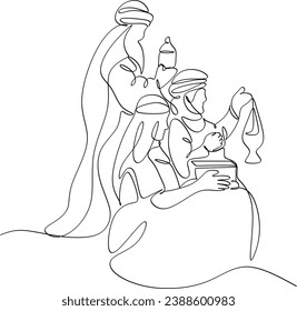 Merry Christmasthree kings go to baby Jesus. Continuous single line drawing. Vector illustration