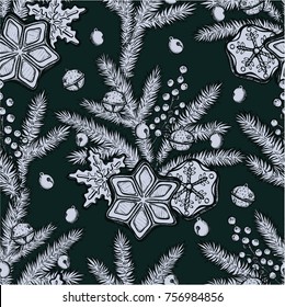 Merry Christmas.Vector illustration,spruce branches,ginger biscuits,bells,  handmade,card for you, tattoos,prints on T-shirts, background white,seamless pattern,green blue color