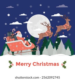 Merry Christmas.Winter Scene with Santa ,deers, Snow flakes and Gifts on Winter Snow Background, Christmas Poster or banner template. Vector illustration. Editable.