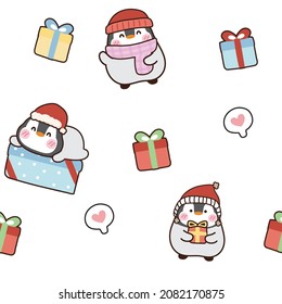 Merry christmas.Winter.Seamless pattern of cute penguin wear santa hat with gift cartoon on white background.Animal character design.Kid graphic.Print.Screen.Repeat.Kawaii.Vector.Illustration.