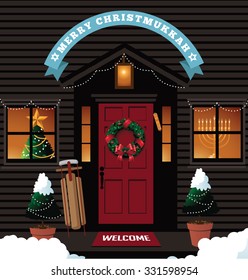 Merry Christmukkah (Christmas and Hanukkah) Front door with ribbon EPS 10 vector royalty free stock illustration for greeting card, ad, promotion, poster, flier, blog, article, social media, marketing