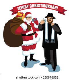 Merry Christmukkah Santa and Rabbi isolated  Combines Christmas and Hanukkah EPS 10 vector illustration
