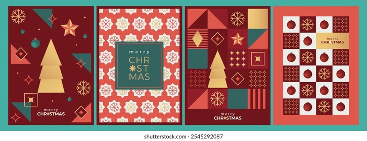 Cartaz de Natal alegre, capa de feriado. cartão de saudação de Natal, modelo de banner. Design bonito moderno com padrão de estilo geométrico em vermelho, ouro, verde