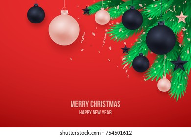 Merry Chritmas tree branches elegant luxury design with balls, star. Vector illustration, 2018 Happy New Year red background. Black, red, pink christmas balls. Isolated on  background. EPS10