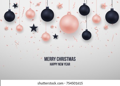 Merry Chritmas tree branches elegant luxury design with balls, star. Vector illustration, 2018 Happy New Year background. Black, red, pink christmas balls. Tree concept. Isolated on  background. EPS10