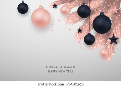 Merry Chritmas tree branches elegant luxury design with balls, star. Vector illustration, 2018 Happy New Year background. Black, red, pink christmas balls. Isolated on  background. EPS10