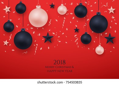 Merry Chritmas tree branches elegant luxury design with balls, star. Vector illustration, 2018 Happy New Year background. Black, red, pink christmas balls. Tree concept. Isolated on  background. EPS10