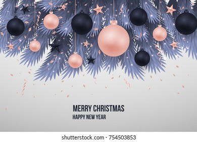 Merry Chritmas tree branches elegant luxury design with balls, star. Vector illustration, 2018 Happy New Year background. Black, red, pink christmas balls. Tree concept. Isolated on  background. EPS10